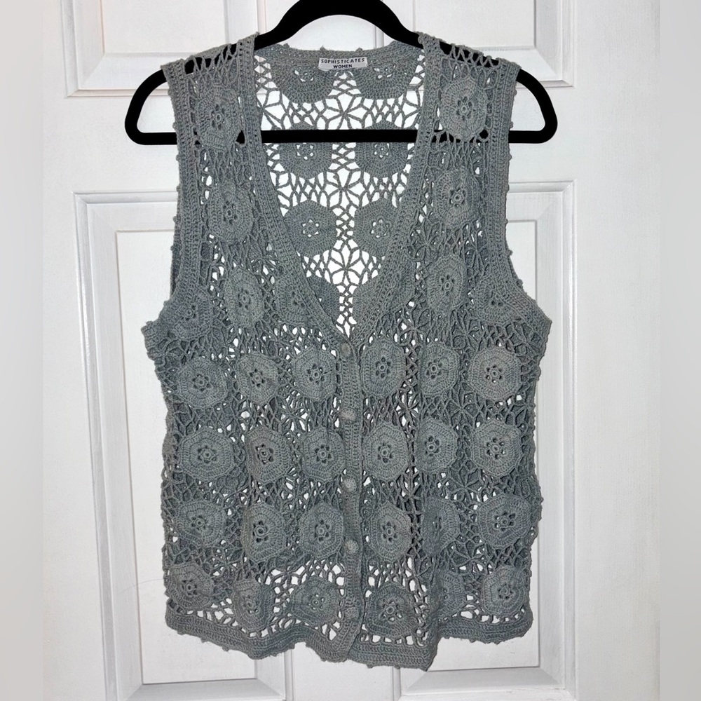 Vintage Sophisticates Women Pale Blue Gray Crochet Cotton Sweater Vest